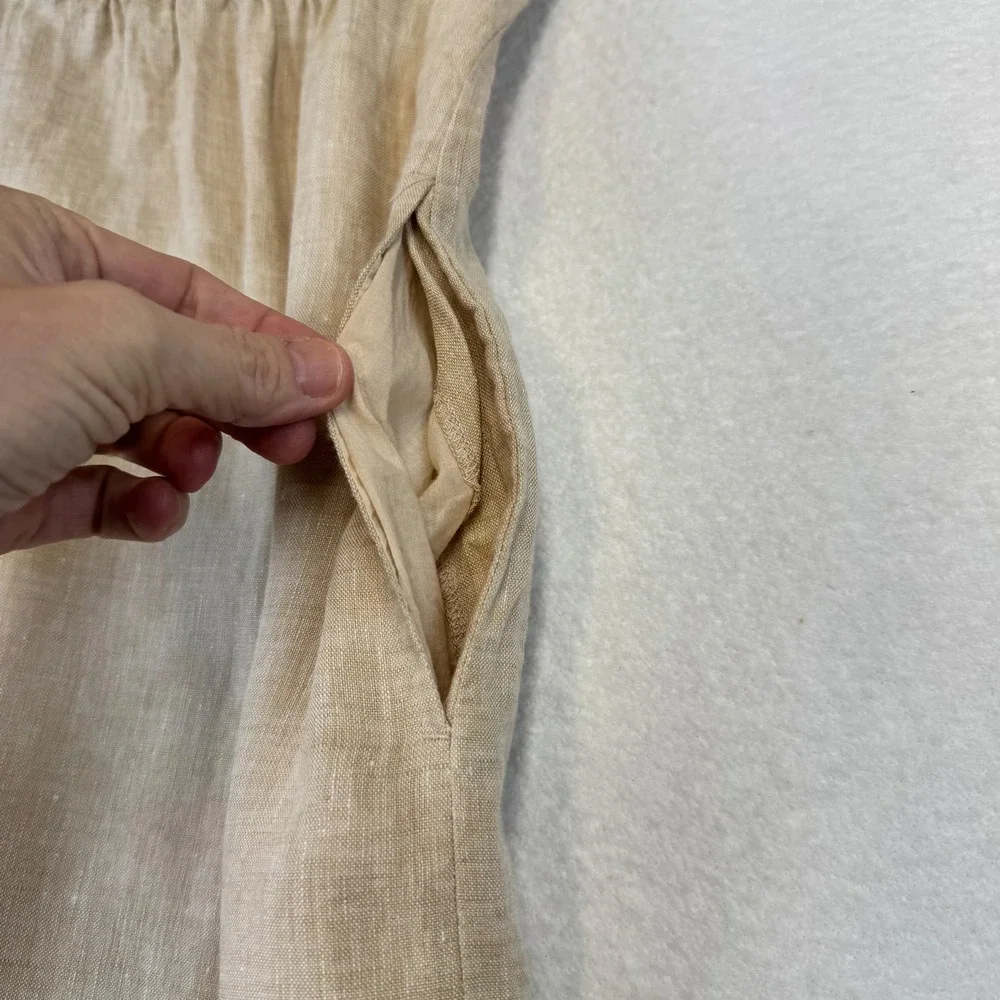 J McLaughlin Large Ceylon Linen Dress V-Neck 3/4 Sleeve Beige Midi Shirt Dress - Picture 8 of 9